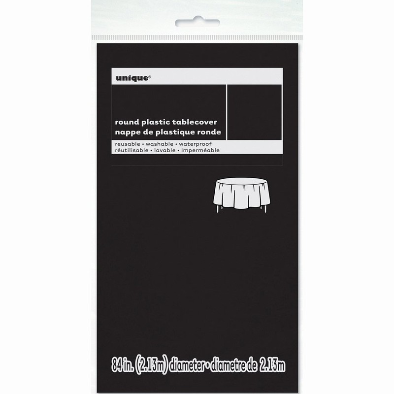 Black Solid Round Plastic Table Cover (84") 1 Count -