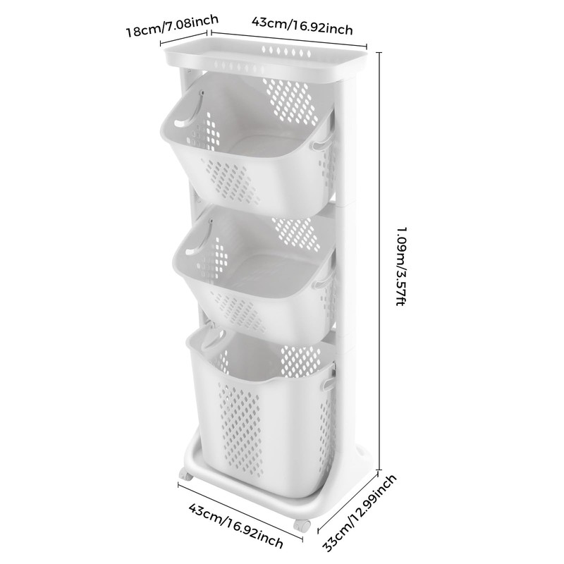 Rolling Laundry Hamper, 3 Tier Storage Sorter Cart with Wheels,