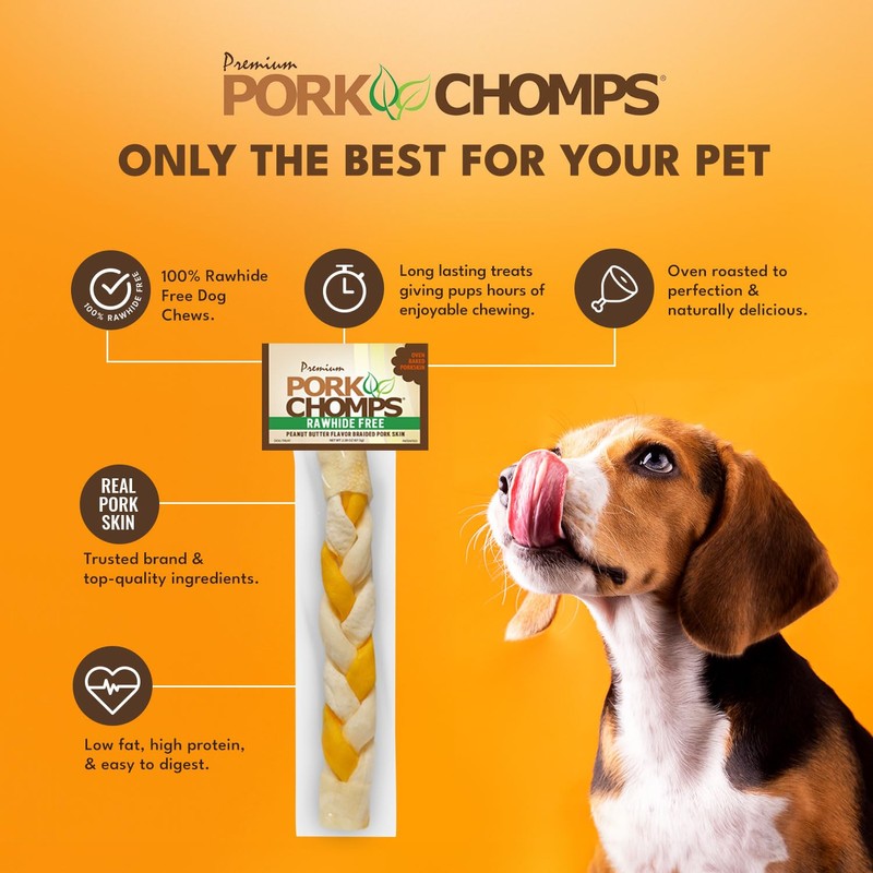 Pork Chomps Roasted Pork Skin Dog Chew, 8-inch Braid, Peanut