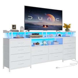 HAUOMS TV Stand Dresser for 65 Inch TV, 63" W Dresser with LED Lights & Charging Station, White Long Dresser with 12 Fabric Drawers, Entertainment Center with Shelves,for Living Room