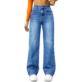 FUNUCA Straight Leg Jeans for Women,High Waisted Wide Leg Loose Microelastic Boyfriend Denim Pants Blue