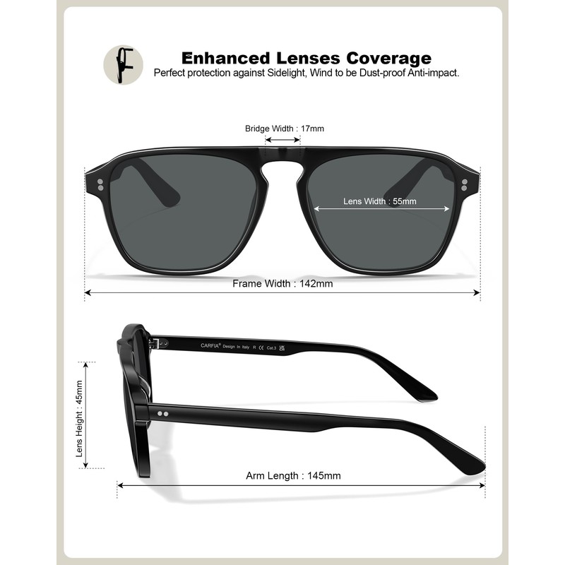 CARFIA Acetate Polarized Men's Sunglasses - Pilot Design, UV Protection