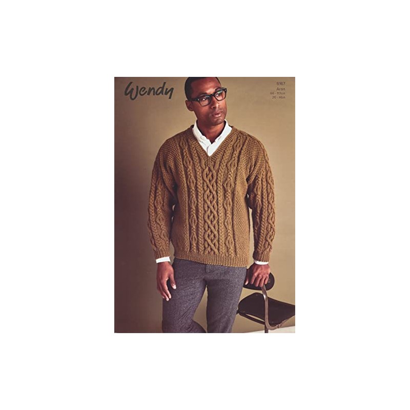 Wendy Aran Knitting Pattern for Mens Cable Knit V Neck