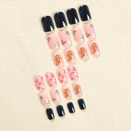 Christmas Press on Nails Square Short Fake Nails Xmas False Nails With Gingerbread Man Candy Designs Black Full Cover Stick on Nails Acrylic Winter Artificial Nails for Women Girls 24Pcs