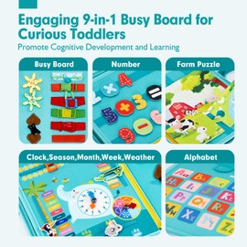 Busy Board for Toddlers Boys Girls Montessori Toys for 2 Year Old - 9 in 1 Preschool Learning Activities Toddler Travel Toys for Ages 3-5 with Life Skill, Alphabet, Number, Week, Color, Time, Weather