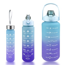 Noxtioanip Pack of 3 Drinking Bottles, 2 L, 800 ml, 300 ml, BPA-Free Water Bottle with Time Marking, Leak-Proof Motivational Sports Bottle, for Bike, Camping, Yoga, Fitness, Outdoor (Blue Purple)