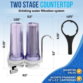 2 Stage Countertop Drinking Water Filtration System Removes Chlorine, Transparent Housing and Yearly Supply (2 extra) CTO & (3 extra) PP Sediment Cartridges 5 Micron, Meets NSF Standards & Regulations