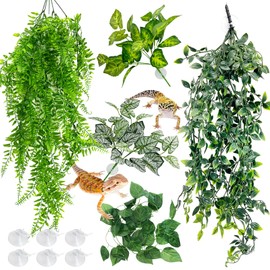 Hamiledyi 5 Pcs Reptile Plants Terrarium Hanging Fake Plant Leaves, Bearded Dragon Tank Accessories, Habitat Decor for Snake Leopard Gecko Lizard Chameleon Spider Turtle (Style 1)