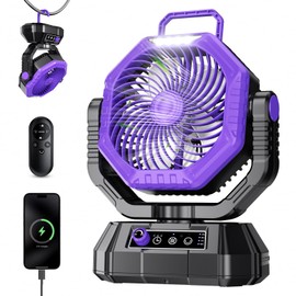 AJVV Camping Fan Rechargeable, Battery Powered Fan With Remote Controller, LED Light, Dual-Blade, Stepless Speed, 45°/90°/270° Swing,Timer, Portable fan For Travel/Tent/Beach/Fishing,Violet
