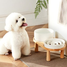 MOPANG Elevated Dog Bowls, Ceramic Slow Feeder Dog Bowl and Water Bowl Set for Medium and Large Breed, Raised Dog Bowl with Wooden Stand, 2.0 Cups Dog Slow Feeder(30oz) and 70oz Water Bowl Set, White