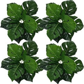 PASYOU Fake Tropical Monstera Plants Decoration Artificial Shrubs 4 Pack, Faux Turtle Palm Leaves Bushes Plant for Outdoor Indoor Greenery Garden Party Wedding Office DIY Floral Arrangement Décor