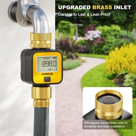 FANHAO Water Flow Meter with Brass Inlet Metal Thread, Measure Gallon/Liter Consumption and Flow Rate, High Accuracy & IPX6 Waterproof for Outdoor Garden Hose Watering, RV Water Tank Filling