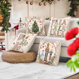 Pack of 4 Christmas Cushion Covers Linen, Christmas Cushion Nostalgia 45 x 45 cm, Christmas Decoration Indoor, Cushion Cover Christmas, Christmas Decoration American Cushion Cover for Sofa Bedroom Bed