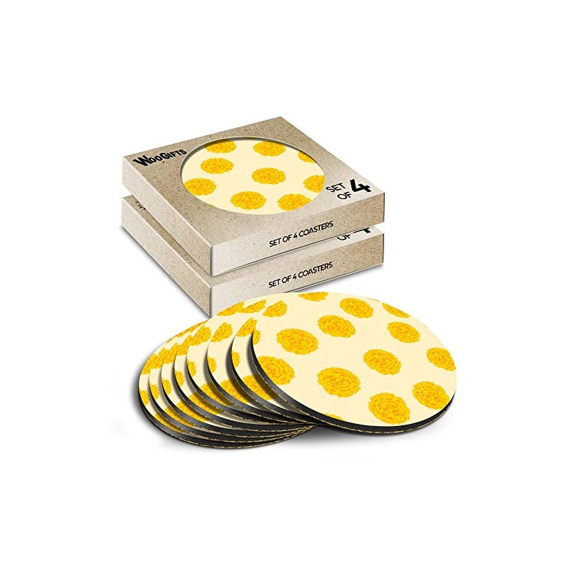 8 x Round Coasters - Yellow Marigold Flower Pattern Cork