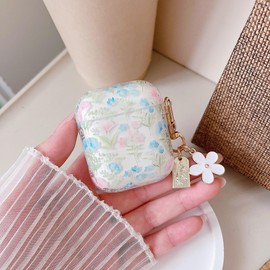 MINSCOSE Compatible with AirPods 1&2 Clear Case,Cute Pretty Flower Pattern Design with Floral Keychain, Soft TPU Protective Shockproof Cover for AirPods 1&2 for Women Girls-Green