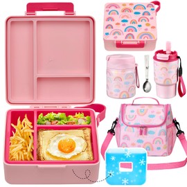 Pawtong Lunch Box Set with Bento Box Container, 17OZ Stainless Steel Food Soup Thermo, Kids Water Bottle & Portable Insulated Lunch Bag – Leakproof, Hot/Cold Retention for School, Travel(Pink-Rainbow)