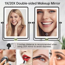 FASCINATE Rechargeable Wall Mounted Makeup Mirror with Lights, 8.7 Inch Double Sided 1X 20X Magnifying Bathroom Mirror, 3 Color Lights Touch Dimmable Extended Arm 360°Rotation (Black)