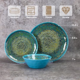 FINE&NICE Melamine Dinnerware Set of 12Pcs, Dish Set for 4, Lightweight Unbreakable Plates and Bowls Set, Great for RVs Camping, Dishwasher Safe,Rusty Blue