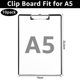 LDHHYH Pack of 10 Plastic Clipboards A5, Plastic Clipboard A5 with Metal Clamp and Hanging Loose, A5 Clipboards Black Clipboard for School, Home, Office
