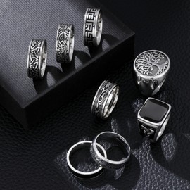 EIELO 8Pcs Stainless Steel Vintage Rings for Men Greek Signet Thumb Silver Retro Carving Celtic Band Rings Vintage Biker Band Rings Set Edge Mens Rings Jewelry Size12