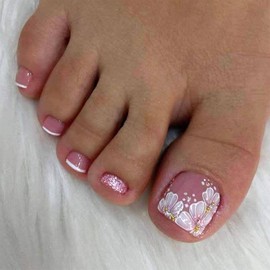 Flower Glitter Press on Toenails White French Tip Fake Toenails Short Square Toe Nails Glossy Full Cover Toe Nails for Women