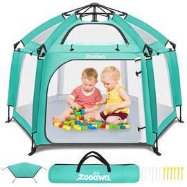 Zooawa Pop Up Playpen for Baby, Portable Play Yard for Babies and Toddlers with Removable Sun-Shades& 2 Side UV Covers, Lightweight Outdoor Baby Playpen with Travel Bag,Beach,Home, Mint Green