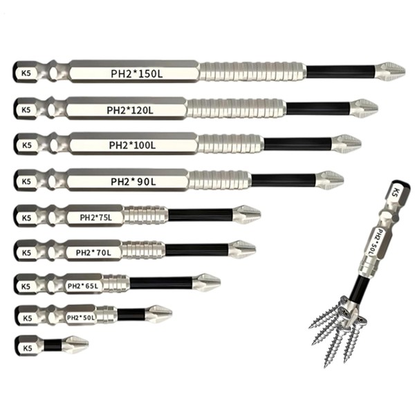 9Pcs 5-150mm 1 Set Magnetic Screwdriver Bits, Magnetic, Magnetized Screwdriver