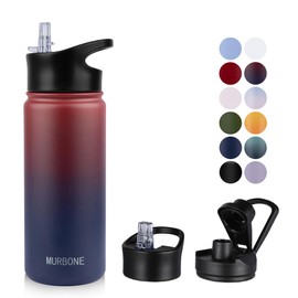 MURBONE Stainless Steel Drinking Bottle 500 ml (+ 2 Lids) with Straw, BPA-Free, Leak-Proof, Suitable for Carbonated Drinks, Thermos Flask, Vacuum Double Wall Insulation for Sports, Travel, Camping