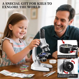 Microscope Toy Microscope Set for Children Aged 3-12 Years, 100X-1200X Magnification, 7 LED Colours, 12 Prepared Slides, Scientific STEM Experiment Kit for Boys and Girls