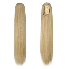 FESHFEN Long Ponytail Hairpiece - Straight Blonde Mixed Braid Extensions with Clip Synthetic Hair Extension Claw Clip in Ponytail Hair Extension for Women, 63 cm