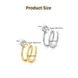Oveta 2PCS Titanium Double Hoop Nose Rings for Single Piercing, 18G Silver Gold Clear CZ Spiral Twist Nose Piercings Hoops Conch Ear Lobe Earrings Hoops 8mm for Women Men