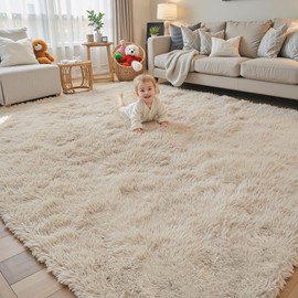 Area Rugs 9x12 Living Room, Shaggy Carpet Soft Plush Furry Bedside Rug Large Area Rugs for Bedroom Kids Girls Boys Home Decor Anti Slip(9 x 12, Beige)