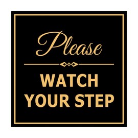 Signs ByLITA Square Classy Please Watch Your Step Sign con cinta adhesiva, se monta en cualquier superficie, resistente a la intemperie, uso en interiores y exteriores (negro/dorado) – S