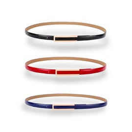 Women's Belt Fashion Elegant Dress Skinny Patent Leather Belts Waistband Thin Waist Belt Alloy Gold Buckle, 3-Pack, Black, Red & Dark-Blue, For Waist 30"- 36", Women Size M-L, 6-8
