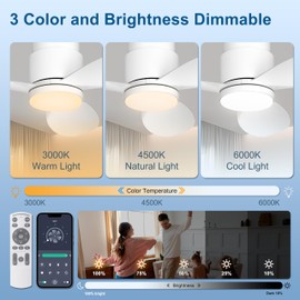 Ohniyou 42'' Flush Mount Ceiling Fans with Lights, Remote/App Control, Dimmable, Silent Indoor/Outdoor Ceiling Fan for Porch, Bedroom, Kitchen, White