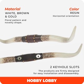 Hobby Lobby Longhorn Wall Decor, Resin, Distressed Horns, Leather Strap Design, Floral Embossing, Gold Studs, 40 inches Wide, Rustic, Country Charm