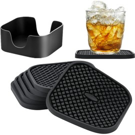 IYYI Posavasos, Posavasos de Silicona, Juego de 6 Posavasos con Soporte, Posavasos Antideslizantes Gruesos Resistentes al Calor (Cuadrados-Negro)