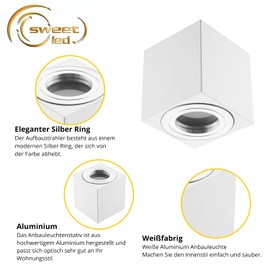 Sweet Led Surface-Mounted Spotlight Silver Ring IP44 Flat Bathroom Aluminium Mounting Frame Wet Room 65 mm High Surface-Mounted Spotlight 230 V Surface-Mounted Spotlight Ceiling Spotlight White Square