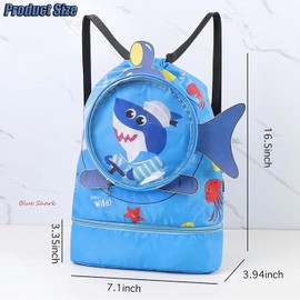 FaJoek Swimming Backpack Waterproof Children Children Gym Bag Waterproof Swimming Bags for Children Swimming Bag Children with Wet Compartment Backpack with Drawstring Children, Blue shark