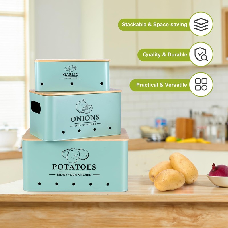 Dekosilave Kitchen Vegetable Storage Set of 3, Metal Onion Garlic