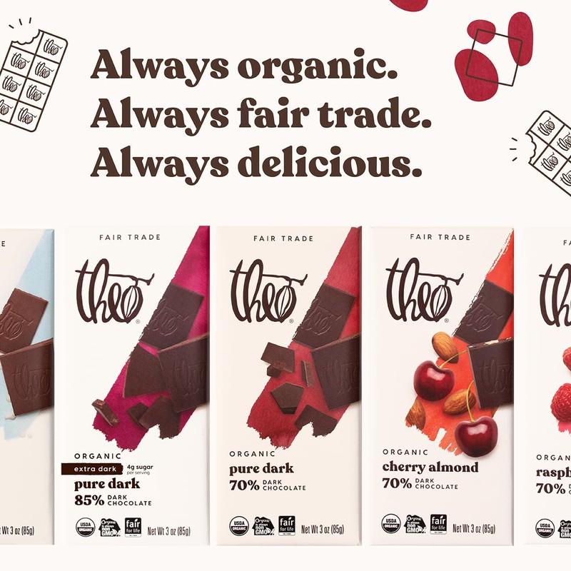 Theo Chocolate Pure Organic Dark Chocolate Bar, 70% Cacao, 12