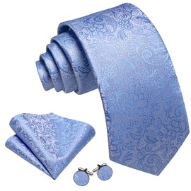 Barry.Wang Baby Blue Floral Tie and Clip Set Mens Silk Flower Necktie Pocket Square Cufflinks Wedding Party