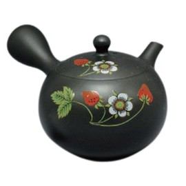 Teapot Kyusu Tokoname - SHOHO - Black - 7 oz (200 ml/cc) - Stainless Mesh - Strawberry