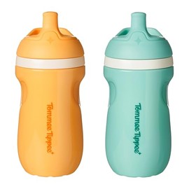 Tommee Tippee Insulated Sporty Spout Bottle, 9oz, 12 Months+, No Spill Toddler Water Bottle, Two-Piece Valve Helps Stop Spills, Blue and Orange, 2 cou