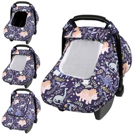 Pea Pod Car Seat Cover Baby, Infant Car Seat Canopy Covers for Newborn with 2 Layers Windows of Breathable Mesh Fabric, Lightweight Polyester/Soft Minky Dot Backing (Dinosaur)