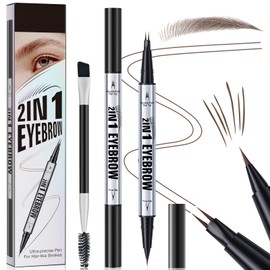 Microblading Eyebrow Pen, Dual-Ended Eyebrow Pencil, 3D Waterproof Liquid Eye Brow Pencil with 2 Micro-Fork-Tip and & Spoolie Brush, Create Natural Hair-Like Defined Brows, Last All-Day (Brown)
