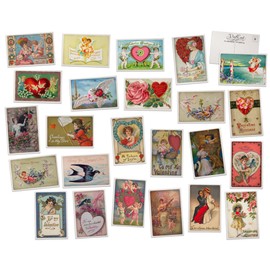 Vintage Valentine Postards - 24 Retro Valentine's Day Postcards - Assorted Love Greetings Designs - Old Fashion Valentine Cards Printed on Antique Textured Style Cardstock - Great for Valentine's Day