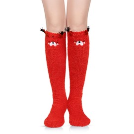 Benefeet Fuzzy Knee High Slipper Socks for Women & Girls - Red Coral Fleece Plush Cozy Fluffy Winter Warm Socks - Cute Animal 3D Bear Design