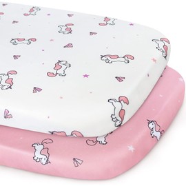 Baby Crib Sheets Fitted 84x43cm, 2 Pack Ultra Soft & Breathable Moses Basket Sheets, Baby Pram Sheets, Fit For SnuzPod4,Kinderkraft,COSTWAY 3-in-1,Bellababy Bedside Crib, Pink Unicorns