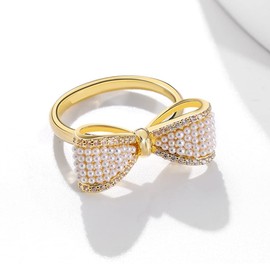 K.L.Y Women's Ring, Popular, Ribbon, 18K Gold Coated, Cubic Zirconia, Pearl, Pearl, 18K Gold, Popular Ring, One Size, Cute, Bowknot Ring, Birthday Gift, Cubic Zirconia